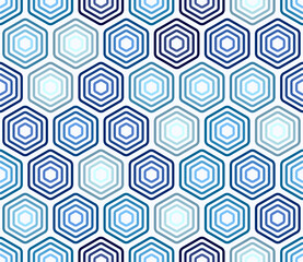 Hexagon vector pattern. Blue color tones gradients. Bold stacked rounded hexagons mosaic cells. Large hexagon shapes. Seamless pattern. Tileable vector illustration.