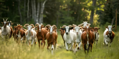 Deurstickers close up a group of boer goats with horns walking through the farm or grass field background © Muhammad