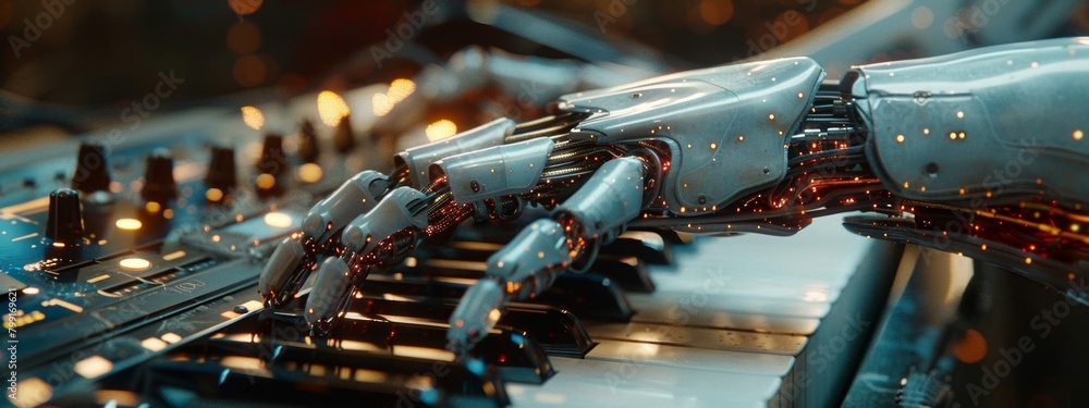 Poster ai composing music - futuristic ai system conducting orchestra of digital instruments