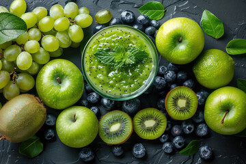 Green smoothie with kiwi, blueberries and grapes on the table. The smoothie was made with kiwi. Created with Ai