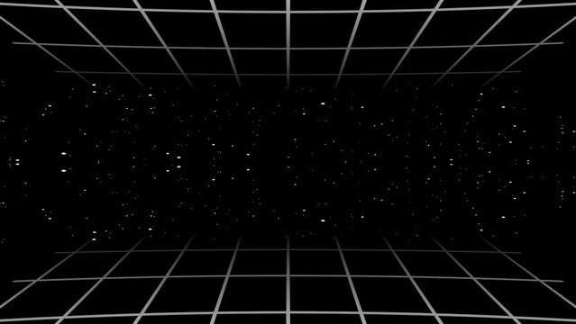 grid motion background, particles are slowly flying forward, Simple grid background with copy space. 3D perspective with moving camera. 