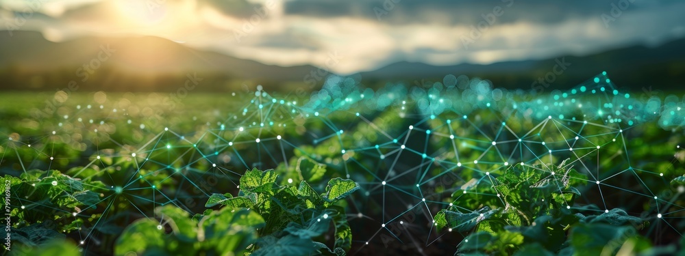 Poster ai-driven agricultural technology concept visualized in 3d network of connected farms and data point