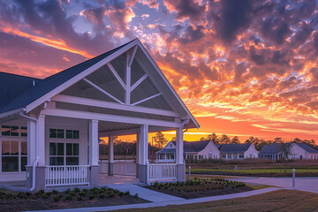 New construction community clubhouse with a white covered porch and gable roof during a dramatic sunset, captured in ultra HD.