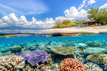 Fototapeta premium Split View of Sandy Beach and Coral Reef
