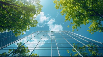 The photo shows a modern glass skyscraper with green trees in the foreground.