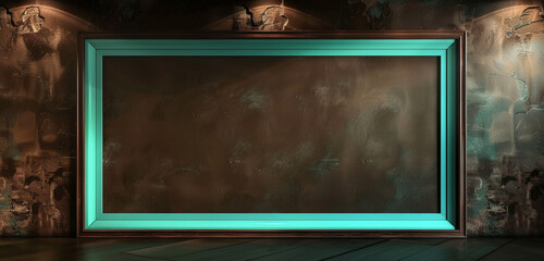 One large empty frame with a vibrant teal border on a dark chocolate wall, lit by soft, diffused lighting