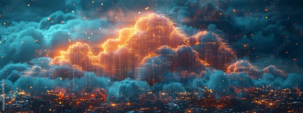 Poster ai-driven cloud computing network above digital city - abstract technology concept