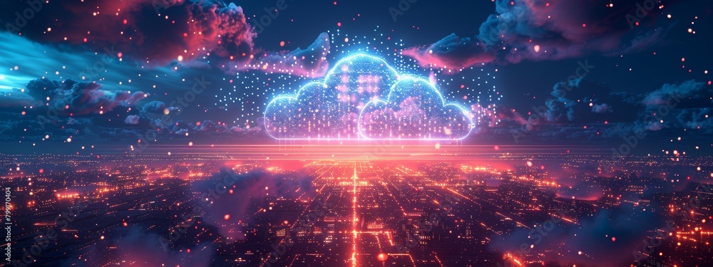 Poster ai-driven cloud computing network above digital city - abstract technology concept