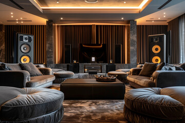 Plush living room with sumptuous velvet seating, a high-end audio system, and dramatic, indirect lighting creating a cozy ambiance.