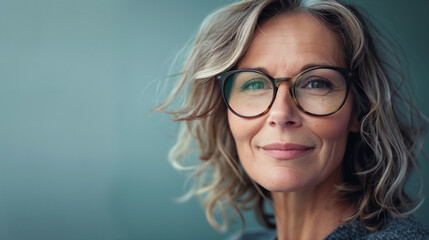 Middle-aged woman in glasses posing with a smile against a clean blue backdrop
