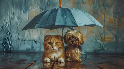 A golden cartoon dog and cat sit together under a colorful umbrella in a hand-drawn vector illustration