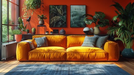 A colorful living room features a design boucle sofa, a mock-up poster, plant-filled shelves, and personal decorative touche