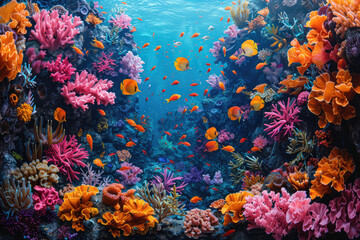 Fototapeta na wymiar An underwater scene showcasing vibrant coral reefs and marine life, creating an enchanting and colorful backdrop for product display or advertising. Created with Ai