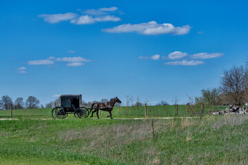 Amish horse and buggy on rural road with big, blue sky with clouds.