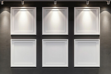 Six empty frames with elegant white borders on a charcoal grey wall, lit by state-of-the-art track lighting