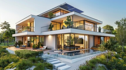 Fototapeta premium Aerial View of Modern Housing Development with Unique Architectural Styles and Solar Panel Arrays on Pure White Background - Futuristic Real Estate Concept