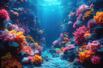 Naklejka na ściany i meble An underwater scene showcasing vibrant coral reefs and marine life, creating an enchanting and colorful backdrop for product display. Created with Ai
