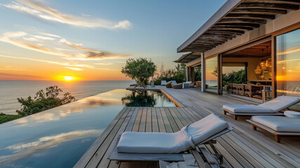 Sunset captured at a luxury beach house with a spacious deck and infinity pool, designed for ultimate seaside entertainment.