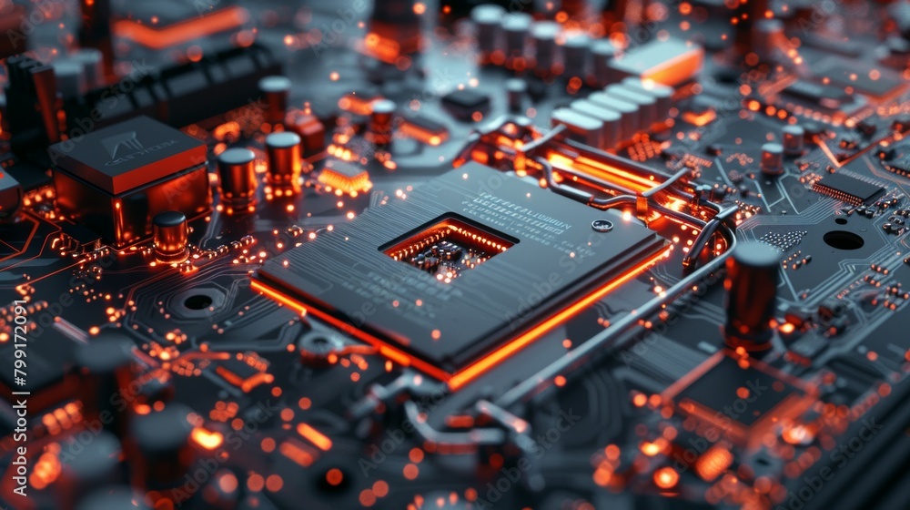 Poster close-up view of a modern gpu card with circuit and colorful lights and details 3d rendering