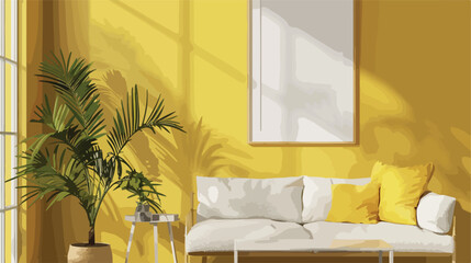 Stylish poster and table with pillows near yellow wall