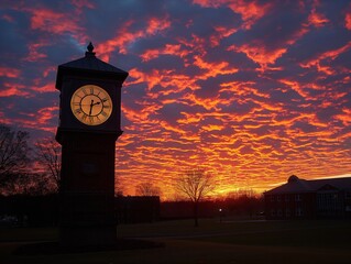 A clock tower with a clock face showing the time of 6:00. The sky is orange and the sun is setting - obrazy, fototapety, plakaty