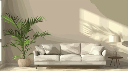 Stylish sofa and houseplant near beige wall Vector illustration