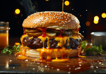 Juicy Dripping Cheeseburger with Barbecue Sauce - Mouthwatering American Fast Food, Smashed Burger Patty, Melted Cheddar Cheese