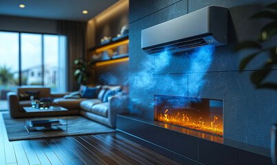 Fresh, Airy Modern Living Room: Energy-Efficient AC, Natural Light, Minimalist Interior Design - obrazy, fototapety, plakaty