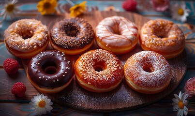 Assorted Sweet Donuts (Doughnuts) Variety - Glazed, Chocolate, Sprinkles, Powdered Sugar, Colorful Baked Pastry Treats