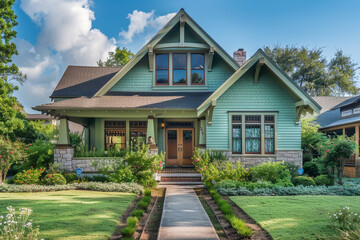 The front view of a refreshing mint green cottage craftsman style house, with a triple pitched roof, inviting landscaping, a direct sidewalk, and picturesque curb appeal.