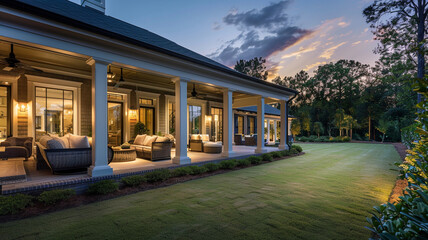 Elegant dwelling at dusk warm indoor lighting stylish porch setup and immaculate lawn.