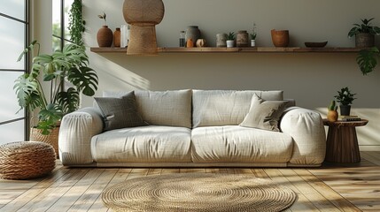 A modern space showcases a boucle sofa, a stylish mock-up poster, shelves displaying plants, and unique decorative pieces.