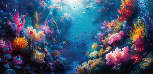 Fototapeta na wymiar A vibrant coral reef teeming with colorful fish and sea plants Created with Ai
