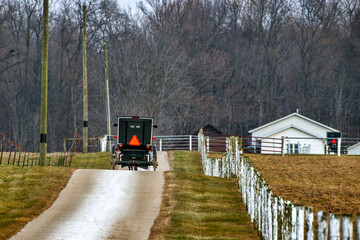 Amish Buggy on hilly road passing white fence posts