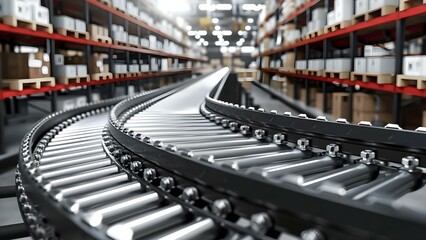 Efficiently Moving Items on a Sorting Belt in a Warehouse for Distribution and Shipping. Concept Warehouse Efficiency, Distribution, Shipping, Sorting Belt, Item Movement