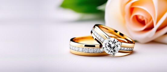 Engagement rings with diamonds and a rose on the background