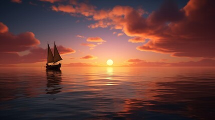 A tranquil evening descends as the sun sets over the horizon, casting a golden glow on the solitary boat anchored by the serene seaside