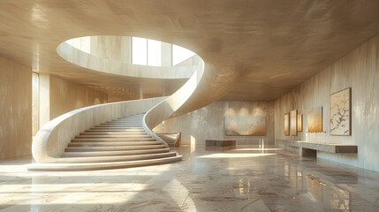 The image shows a modern and minimalist staircase with a spiral design
