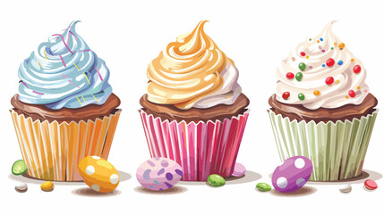 Sweet Easter cupcakes on white background Vector illustration