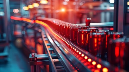 Illuminated Red Beer Cans on Factory Conveyor Belt: Modern Automotive Industry Technology. Concept Factory Automation, Industrial Efficiency, Modern Technology, Manufacturing Innovation