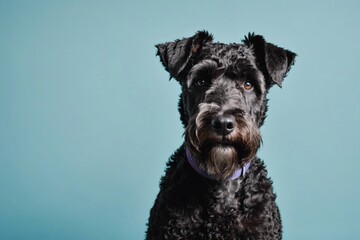 Portrait of Kerry Blue Terrier dog looking at camera, copy space. Studio shot.