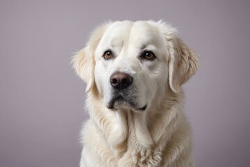 Fototapeta premium Portrait of Kuvasz dog looking at camera, copy space. Studio shot.