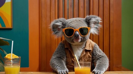 cat in a glass of juice,A koala is sitting on a table, holding a cup, and has a second cup and a bowl on the table. There are two chairs, one on the left and one on the right. The background is a gree - obrazy, fototapety, plakaty