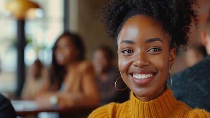 Professional Young Woman Smiling Confidently at a Busy Coffee Shop