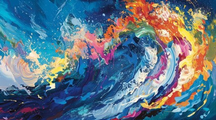 A burst of vibrant colors on a deep blue background depict the energetic waves of a gusty ocean..