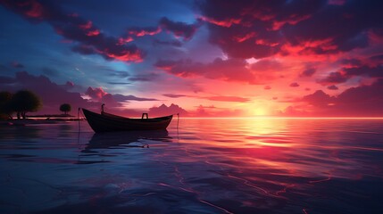 The magic of twilight unfolds in this picturesque scene, with the solitary boat silhouetted against the vibrant hues of the setting sun by the ocean's edge - obrazy, fototapety, plakaty