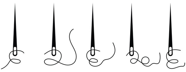Set of needle with thread vector icons. Black silhouette with sewing needle. Vector illustration . Eps 10