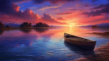 The peaceful ambiance of twilight envelops the scene, with the solitary boat resting quietly by the shore as the sky transforms into a canvas of vibrant hues