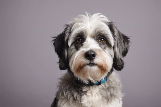 Portrait of Lowchen dog looking at camera, copy space. Studio shot.