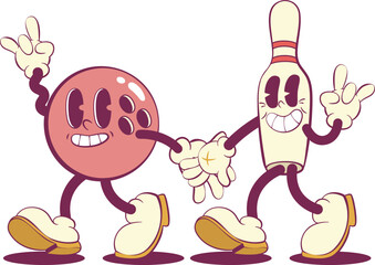 Bowling retro groovy mascot characters